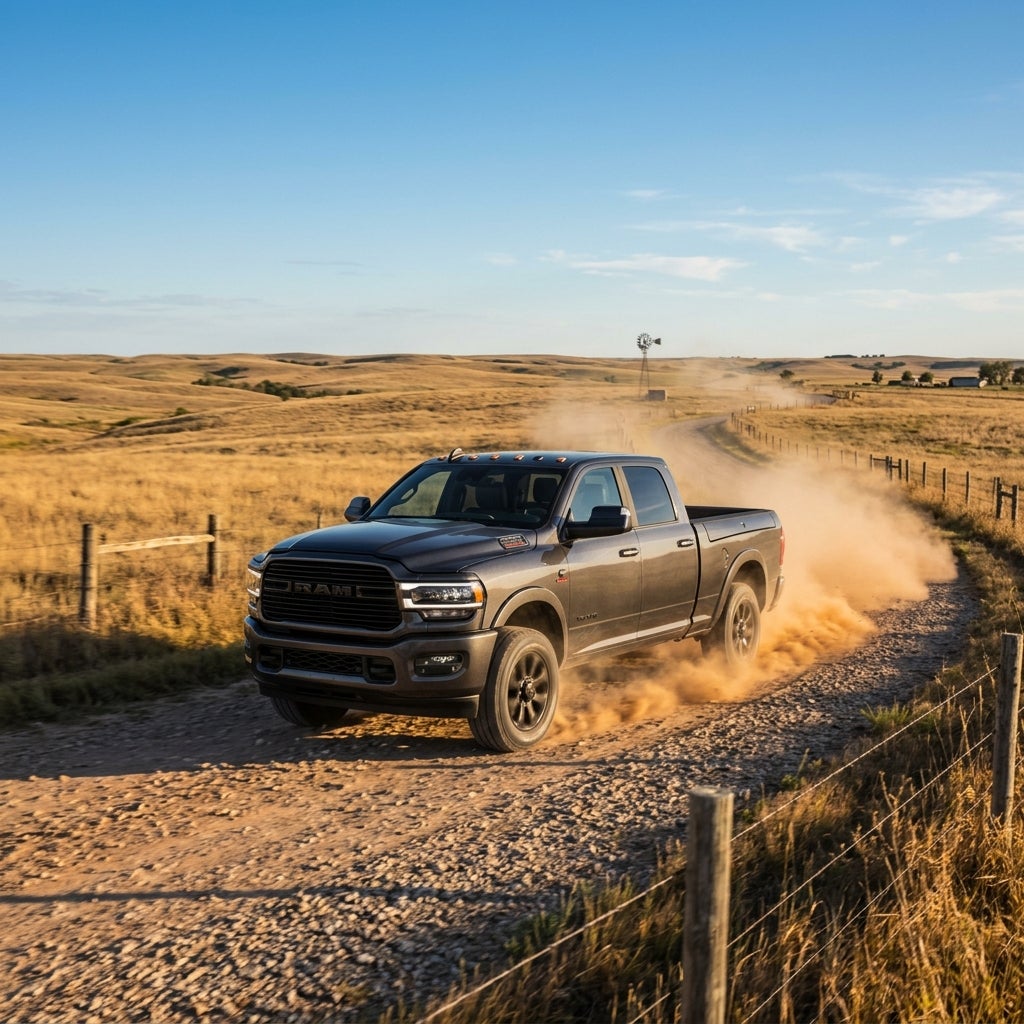 Dark grey Ram pickup truck kicking up dust on a rural dirt road through rolling golden grassy hills. (Representative image for illustration purposes only. Actual vehicle may vary based on trim and configuration.)