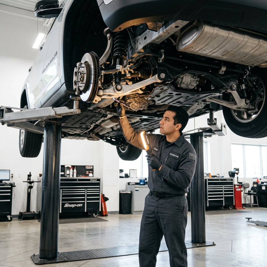 A mechanic in a grey uniform uses a work light to inspect the undercarriage of a silver SUV raised on a lift. (Representative image for illustration purposes only. Actual vehicle may vary based on trim and configuration.)