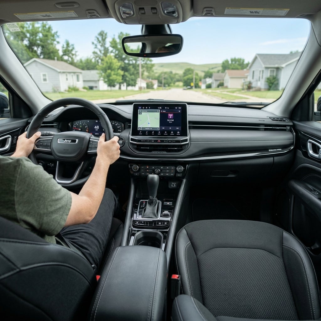 Driver holding the steering wheel inside a modern Jeep while driving through a residential neighborhood. (Representative image for illustration purposes only. Actual vehicle may vary based on trim and configuration.)