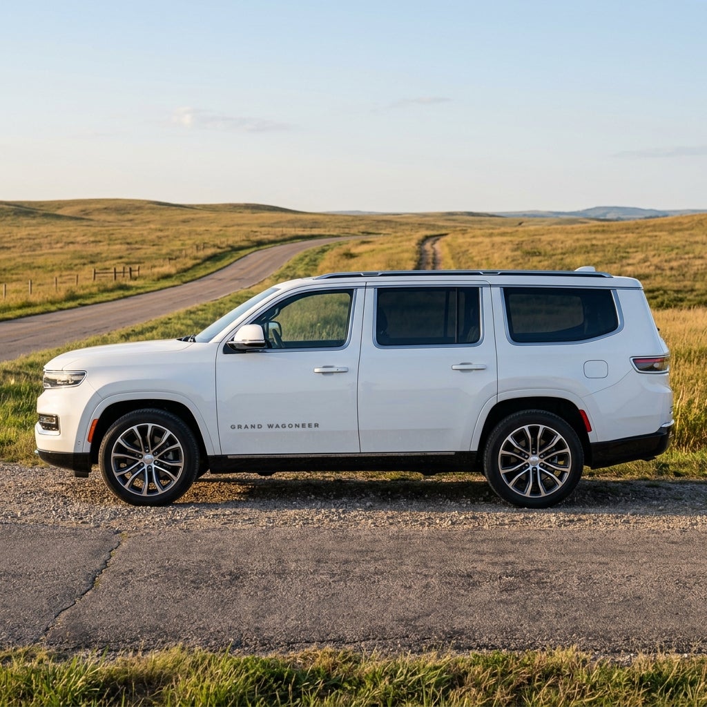 Side profile of a white Jeep Grand Wagoneer parked along a rural road in a grassy field landscape. (Representative image for illustration purposes only. Actual vehicle may vary based on trim and configuration.)