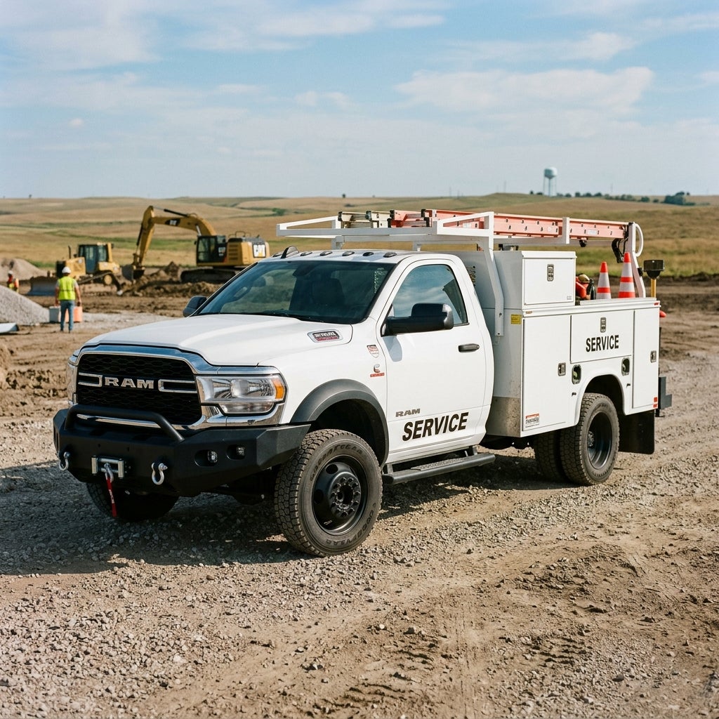 White Ram service truck parked on a gravel construction site with heavy machinery in the background. (Representative image for illustration purposes only. Actual vehicle may vary based on trim and configuration.)