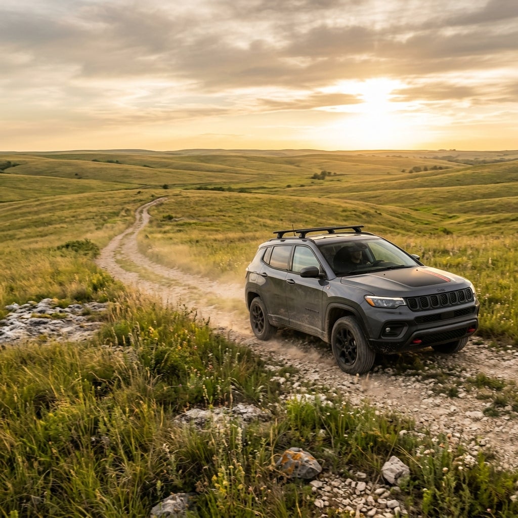 A dark gray Jeep SUV drives along a rocky dirt path through rolling green hills at golden hour sunset. (Representative image for illustration purposes only. Actual vehicle may vary based on trim and configuration.)
