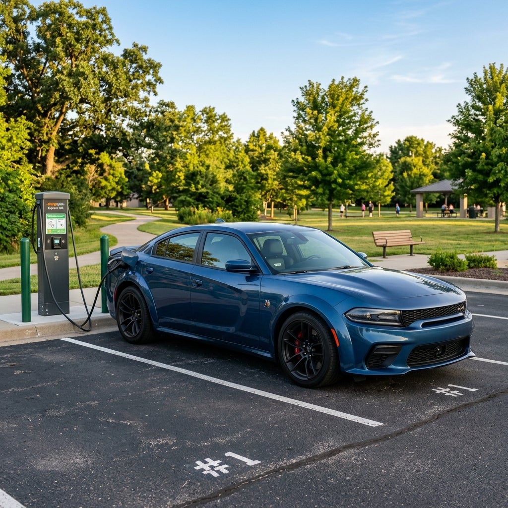 A blue Dodge Charger plugged into an electric vehicle charging station in a park parking lot. (Representative image for illustration purposes only. Actual vehicle may vary based on trim and configuration.)