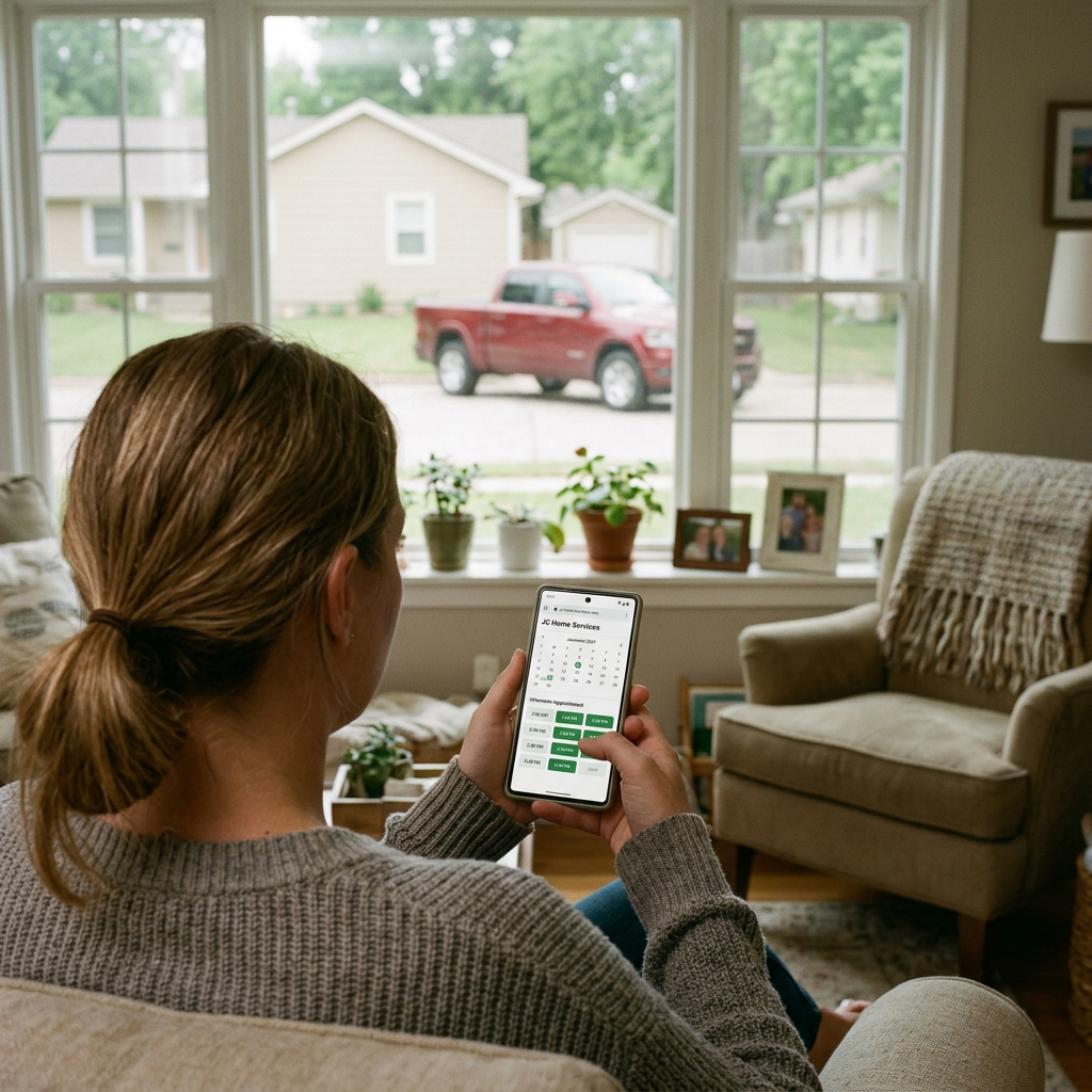 A woman looks at a home services scheduling app on her smartphone while sitting in her living room. (Representative image for illustration purposes only. Actual vehicle may vary based on trim and configuration.)