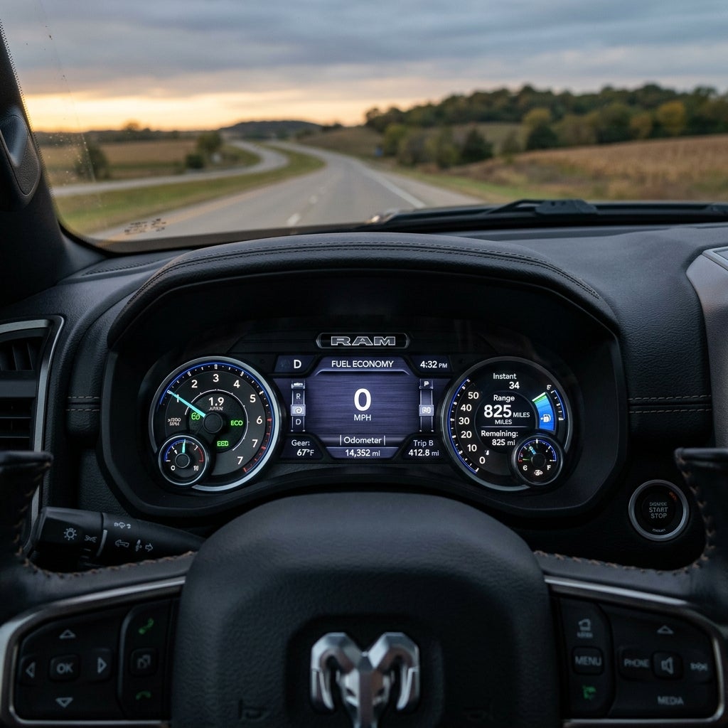 Driver's perspective of a RAM truck dashboard with a winding country highway visible through the windshield. (Representative image for illustration purposes only. Actual vehicle may vary based on trim and configuration.)