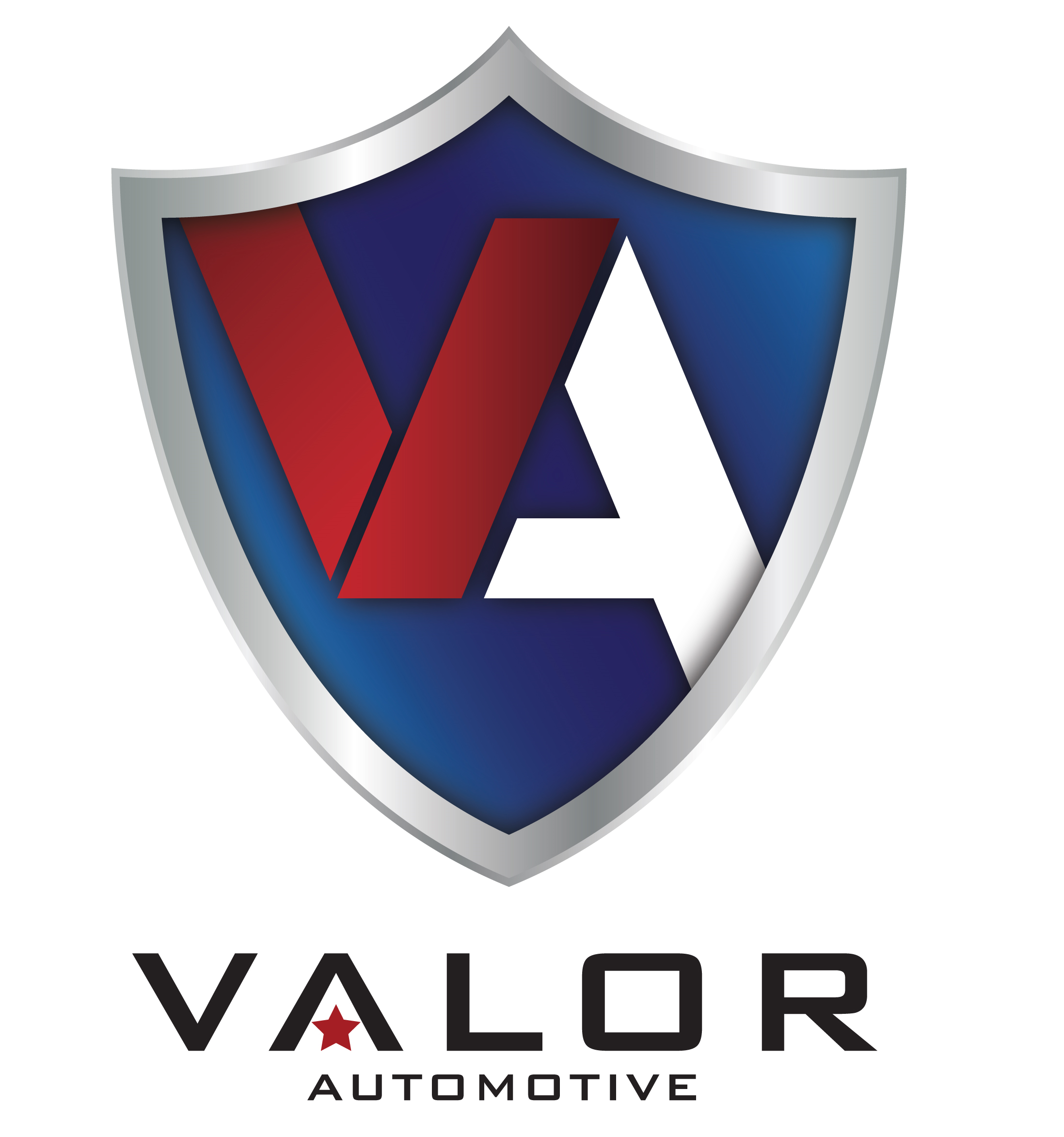 Logo for Valor Automotive featuring a silver shield with red 'V' and white 'A' letters on a blue background.