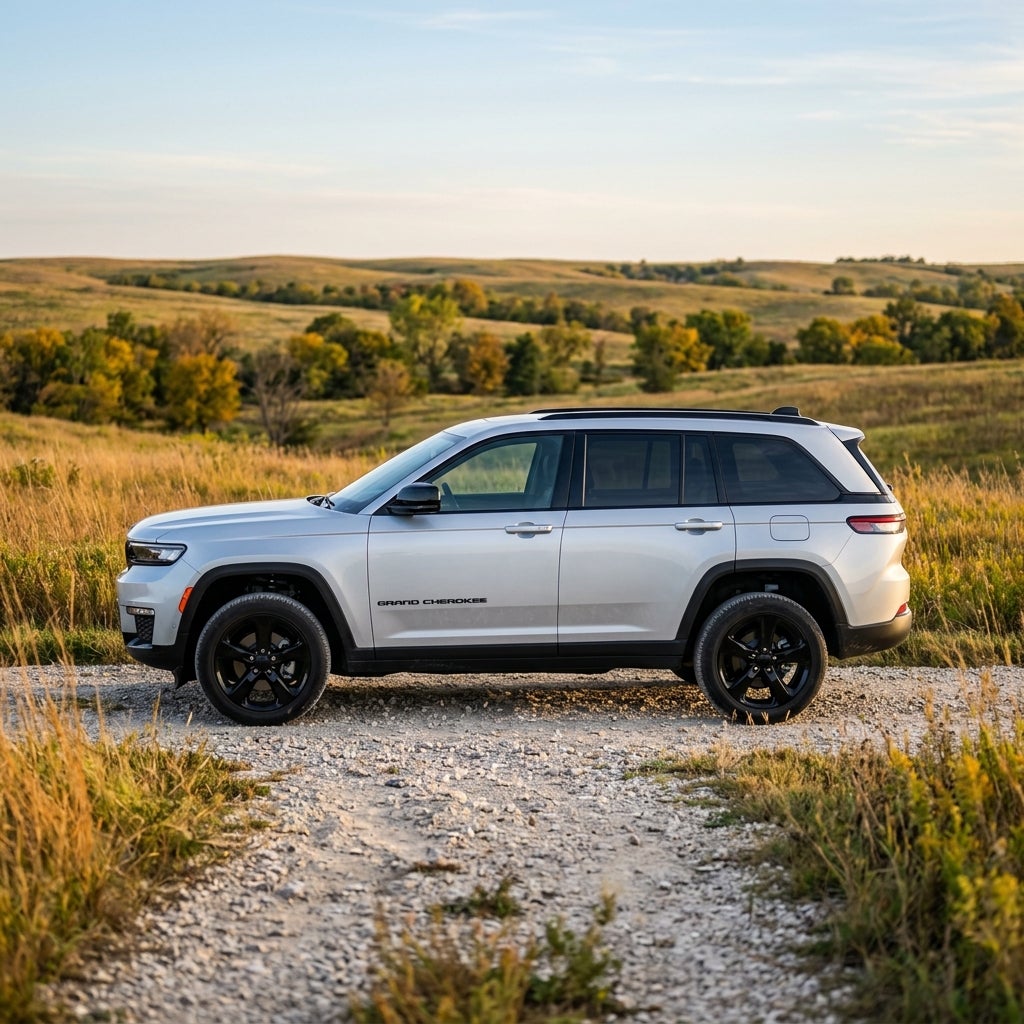 Profile view of a silver Jeep Grand Cherokee with black wheels parked on a gravel path in a grassy field. (Representative image for illustration purposes only. Actual vehicle may vary based on trim and configuration.)