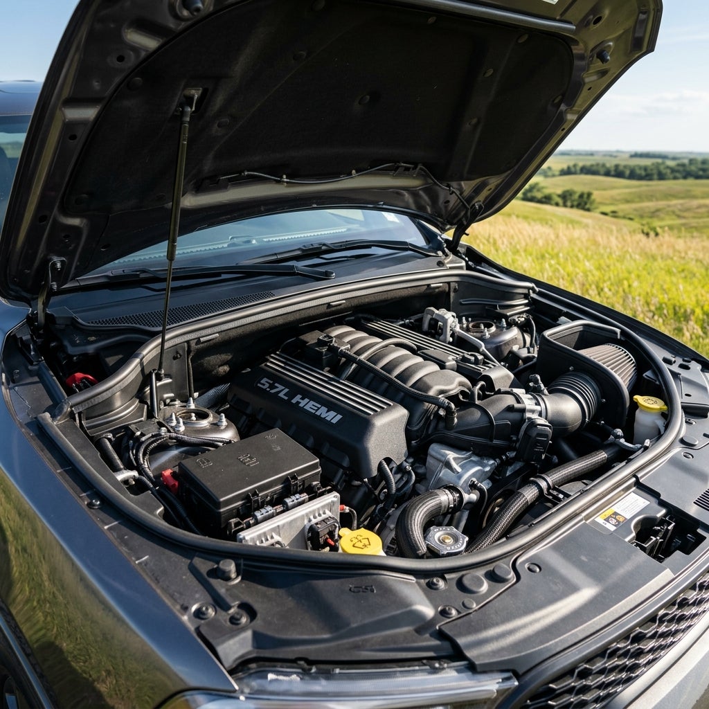 Open hood of a dark grey vehicle revealing a detailed 5.7L HEMI engine in a grassy field. (Representative image for illustration purposes only. Actual vehicle may vary based on trim and configuration.)