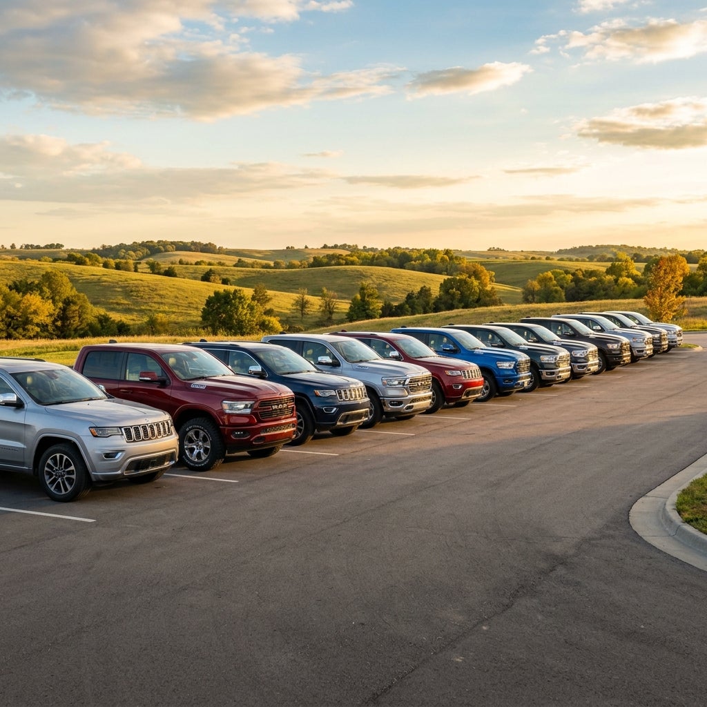 Line of Jeep SUVs and RAM pickup trucks parked in a lot overlooking scenic rolling hills at sunset. (Representative image for illustration purposes only. Actual vehicle may vary based on trim and configuration.)