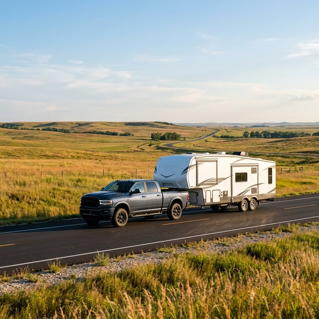 A grey Ram pickup truck towing a large white fifth-wheel camper down a countryside road surrounded by rolling hills. (Representative image for illustration purposes only. Actual vehicle may vary based on trim and configuration.)