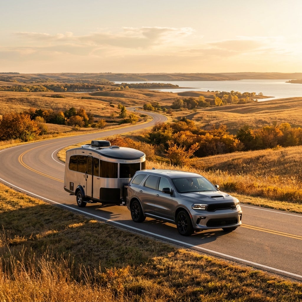 A silver SUV towing a compact travel trailer along a winding rural road at sunset. (Representative image for illustration purposes only. Actual vehicle may vary based on trim and configuration.)