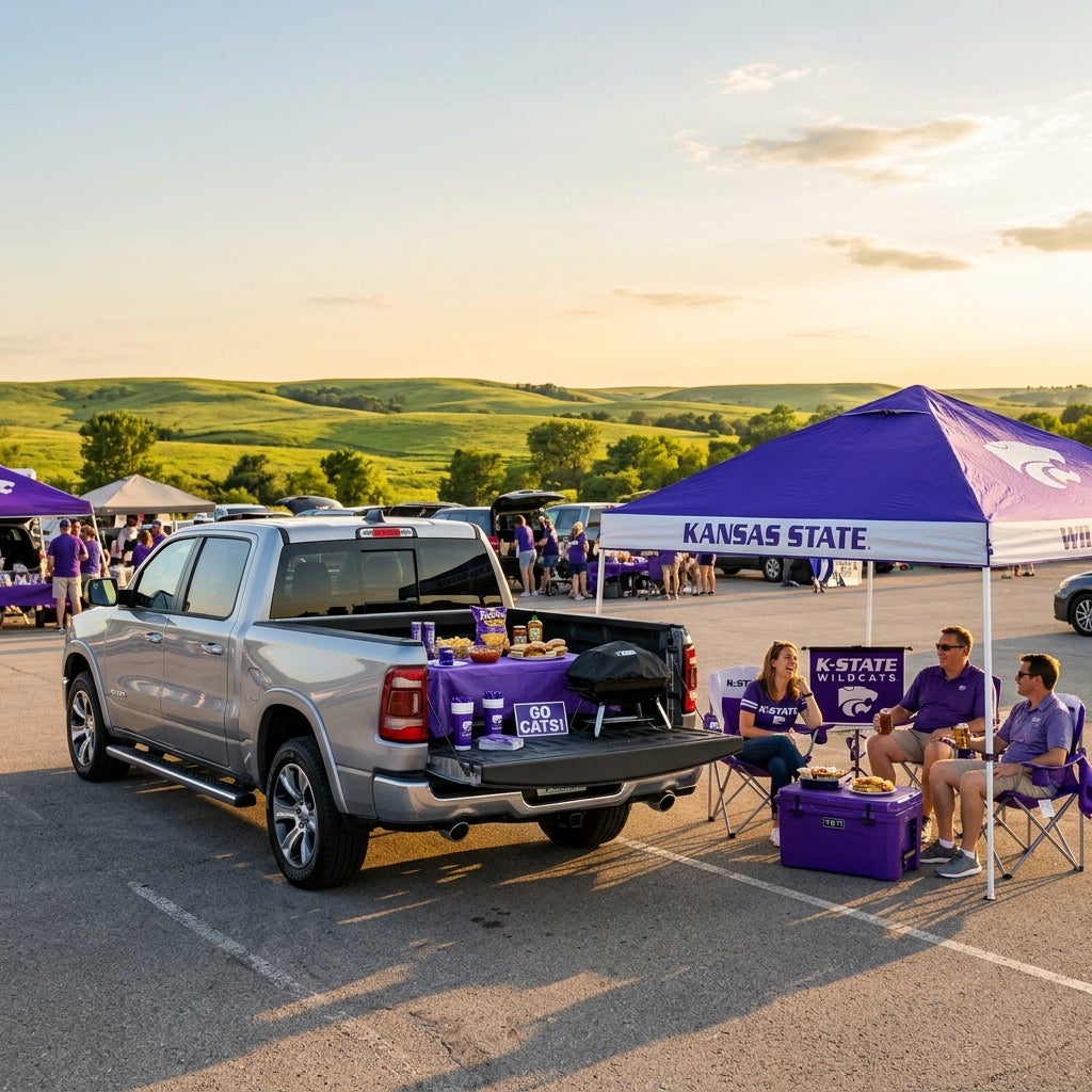 K-State fans tailgating next to a silver pickup truck under a purple Kansas State canopy with rolling hills behind. (Representative image for illustration purposes only. Actual vehicle may vary based on trim and configuration.)