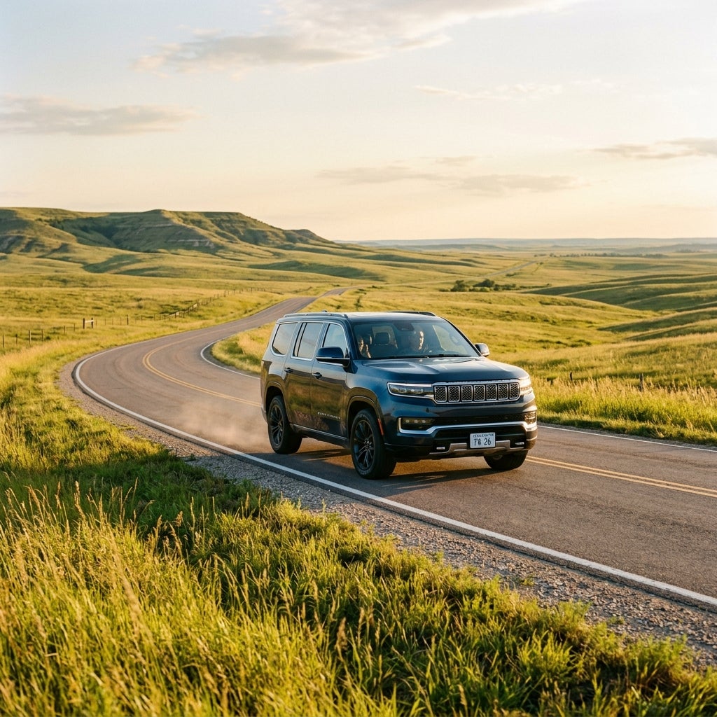A dark blue SUV driving on a winding two-lane road through rolling green hills at golden hour. (Representative image for illustration purposes only. Actual vehicle may vary based on trim and configuration.)