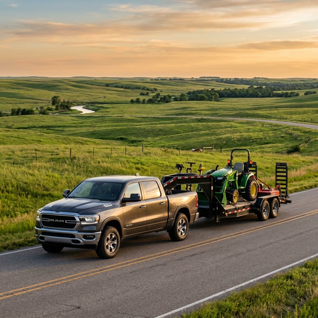 A gray RAM pickup truck towing a green tractor on a trailer along a scenic country road at sunset. (Representative image for illustration purposes only. Actual vehicle may vary based on trim and configuration.)
