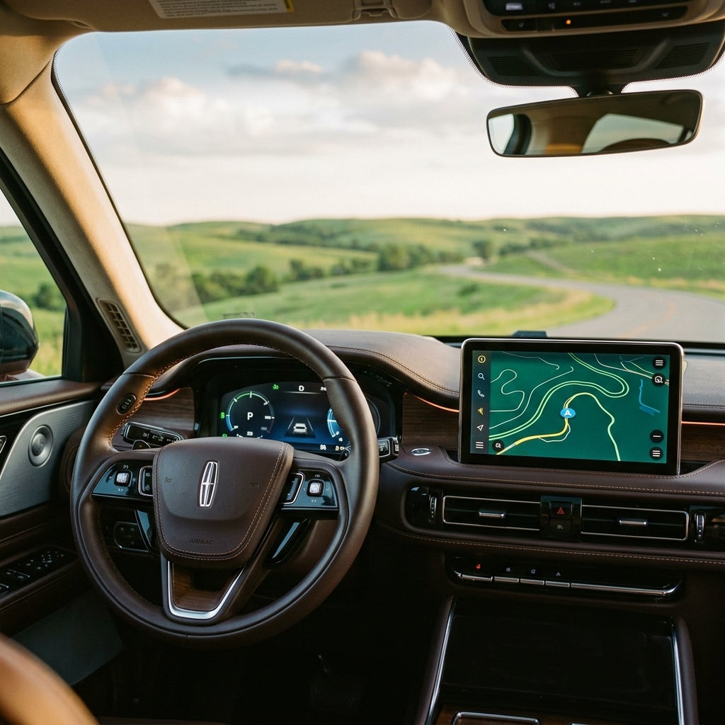 Driver seat view inside a Lincoln SUV looking out at a winding road through rolling green hills. (Representative image for illustration purposes only. Actual vehicle may vary based on trim and configuration.)