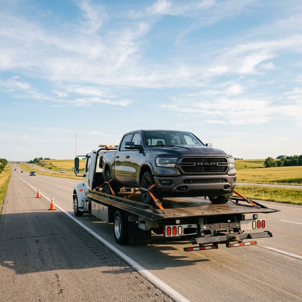 A grey RAM pickup truck secured with orange straps on a flatbed tow truck driving along a highway. (Representative image for illustration purposes only. Actual vehicle may vary based on trim and configuration.)