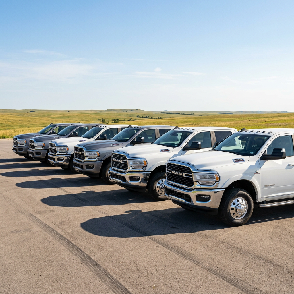 Lineup of six Ram heavy-duty pickup trucks parked diagonally on an asphalt lot in front of rolling grassy hills. (Representative image for illustration purposes only. Actual vehicle may vary based on trim and configuration.)