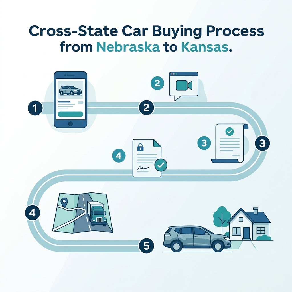 Infographic detailing the 5-step cross-state car buying process from Nebraska to Kansas. (Representative image for illustration purposes only. Actual vehicle may vary based on trim and configuration.)
