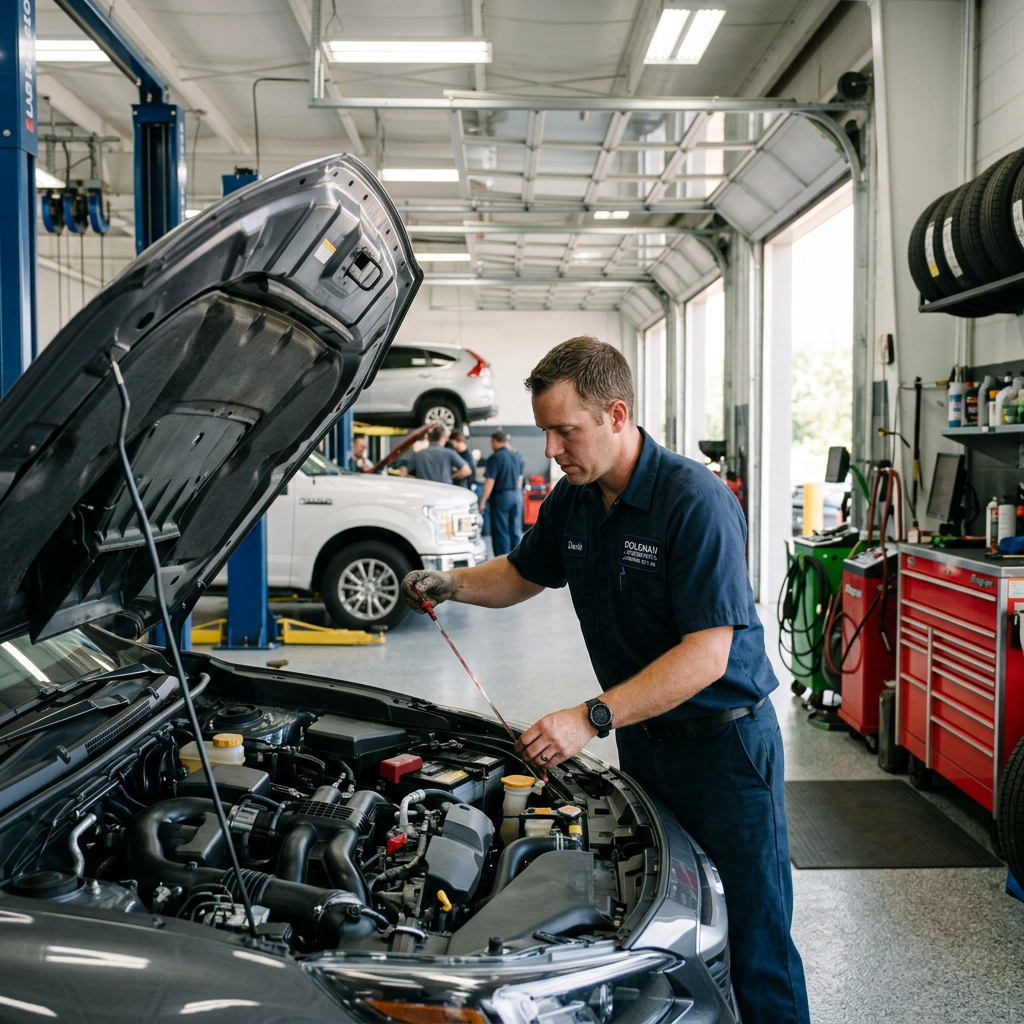 A mechanic checks the oil level of a car with an open hood in a busy auto repair shop. (Representative image for illustration purposes only. Actual vehicle may vary based on trim and configuration.)
