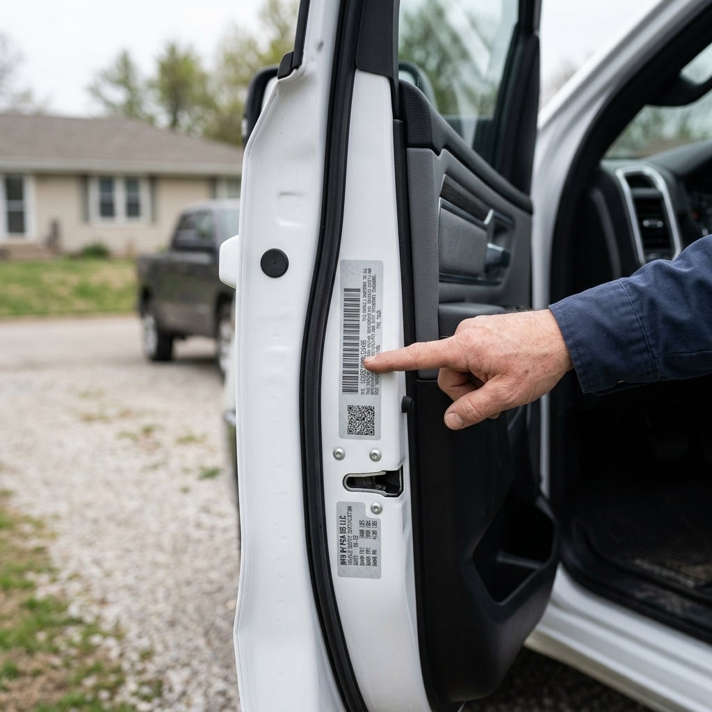 A hand points to a VIN and barcode sticker on the inner door frame of a white truck. (Representative image for illustration purposes only. Actual vehicle may vary based on trim and configuration.)