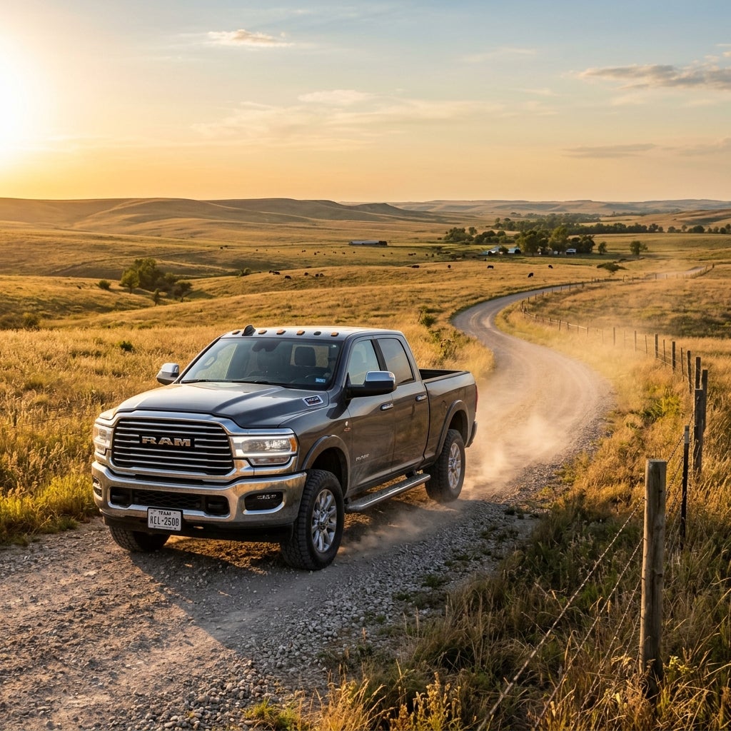 A dark grey Ram pickup truck driving down a winding gravel dirt road in a golden grassy countryside at sunset. (Representative image for illustration purposes only. Actual vehicle may vary based on trim and configuration.)