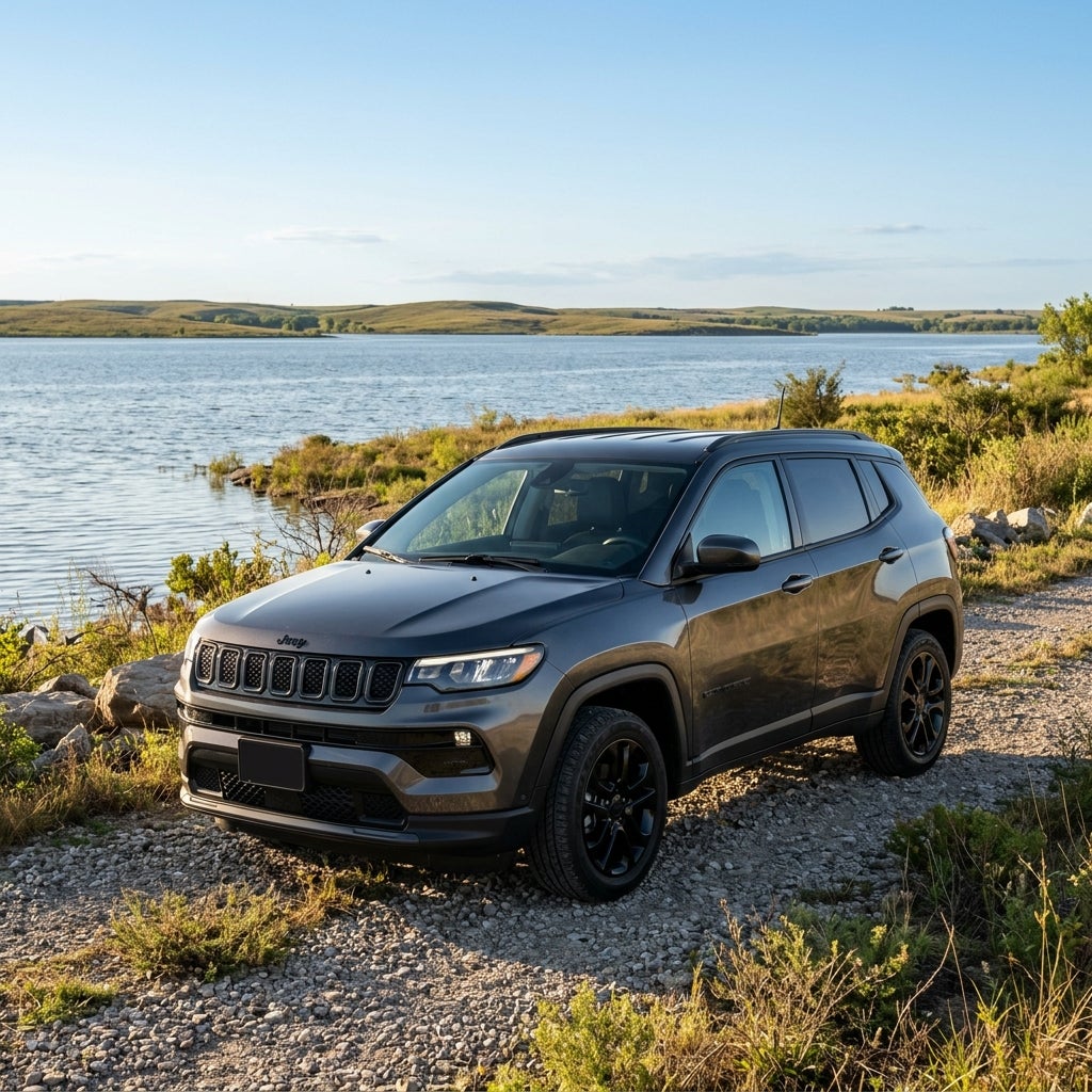 Dark gray Jeep Compass parked on a gravel path beside a tranquil lake with rolling green hills. (Representative image for illustration purposes only. Actual vehicle may vary based on trim and configuration.)