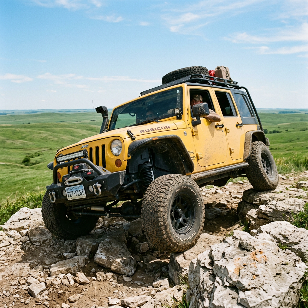 Yellow Jeep Rubicon navigating a rocky, uphill off-road trail in a grassy landscape under a blue sky. (Representative image for illustration purposes only. Actual vehicle may vary based on trim and configuration.)