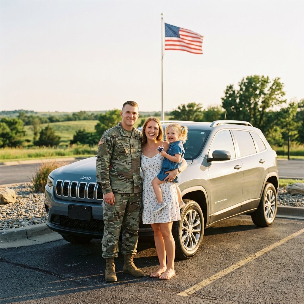 A military family of three posing with their gray Jeep SUV in front of an American flag. (Representative image for illustration purposes only. Actual vehicle may vary based on trim and configuration.)