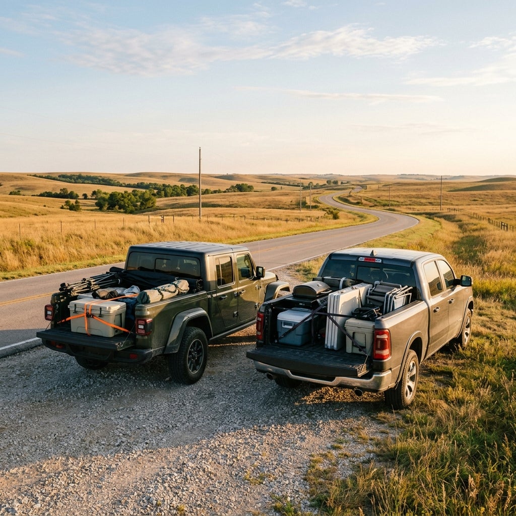 Two pickup trucks packed with camping gear parked on a gravel side road next to a winding highway in rolling hills. (Representative image for illustration purposes only. Actual vehicle may vary based on trim and configuration.)