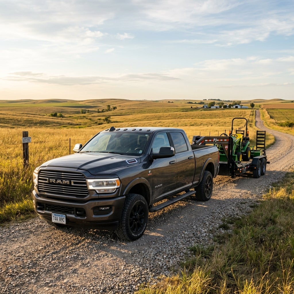 A dark grey Ram truck towing a green tractor on a flatbed trailer down a gravel country road. (Representative image for illustration purposes only. Actual vehicle may vary based on trim and configuration.)