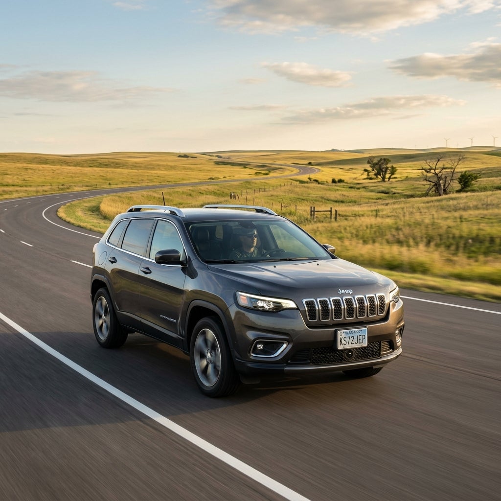 Dark gray Jeep Cherokee SUV driving along a curving paved road through rolling countryside hills at golden hour. (Representative image for illustration purposes only. Actual vehicle may vary based on trim and configuration.)