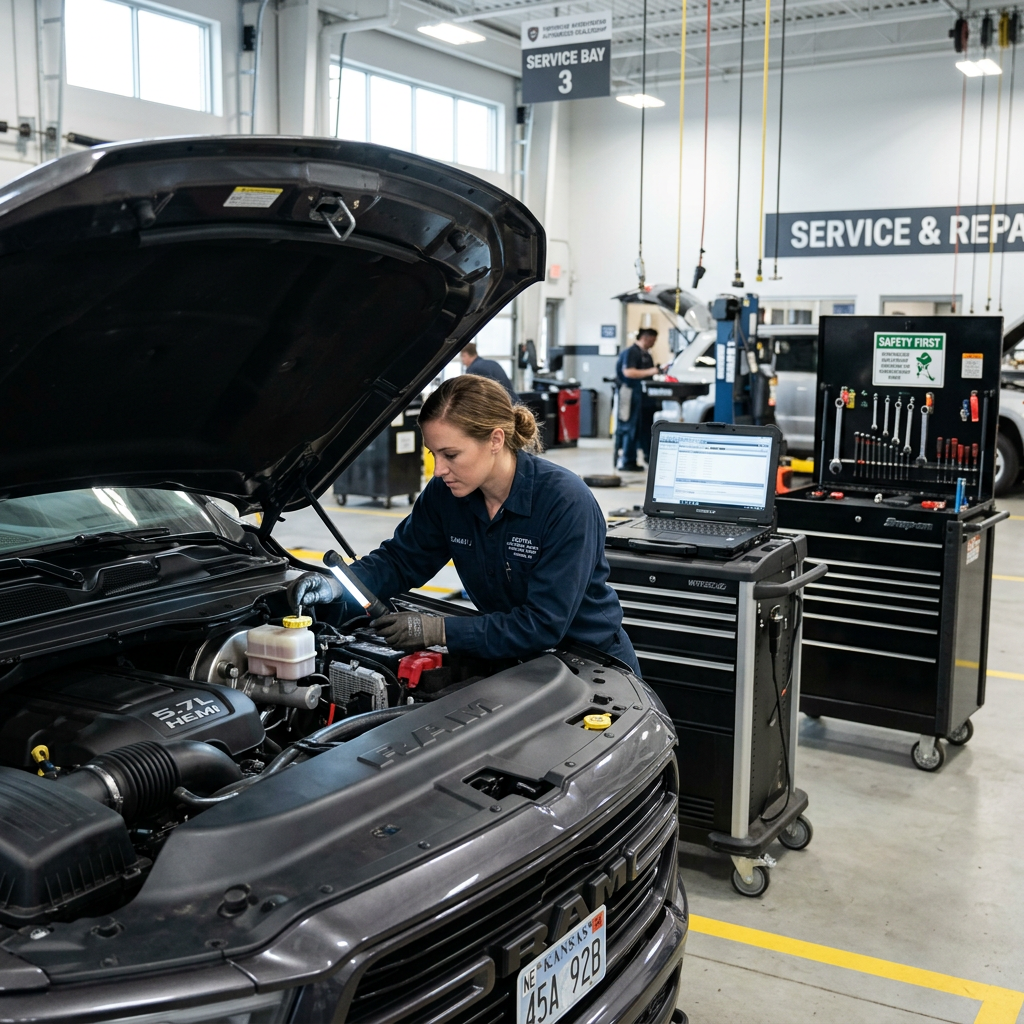 A female automotive technician inspects the engine of a grey Ram truck in a service bay. (Representative image for illustration purposes only. Actual vehicle may vary based on trim and configuration.)