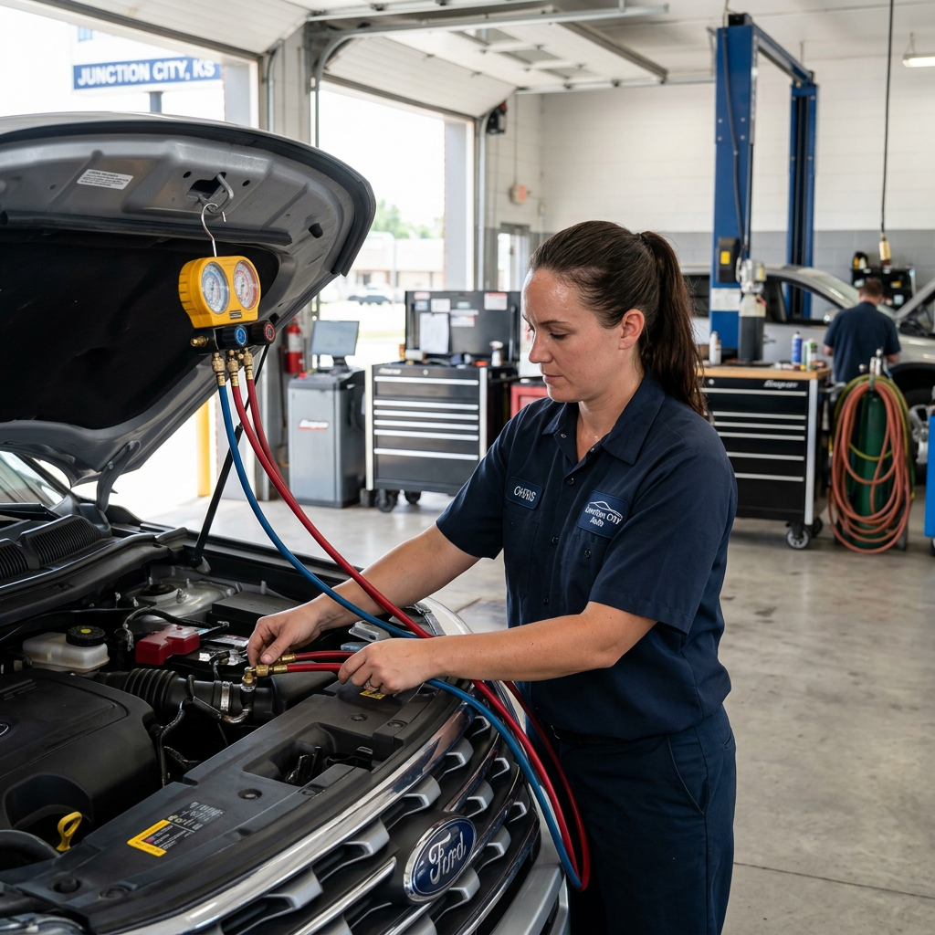 A female auto mechanic in a dark blue uniform connects manifold gauges to a Ford car's engine bay. (Representative image for illustration purposes only. Actual vehicle may vary based on trim and configuration.)