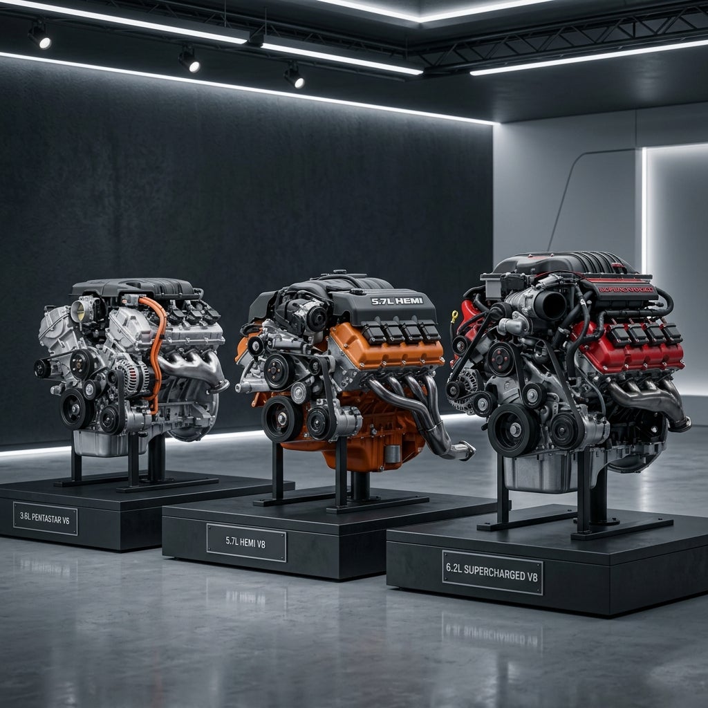 Three car engines—3.6L Pentastar V6, 5.7L Hemi V8, and 6.2L Supercharged V8—displayed on stands in a modern showroom. (Representative image for illustration purposes only. Actual vehicle may vary based on trim and configuration.)
