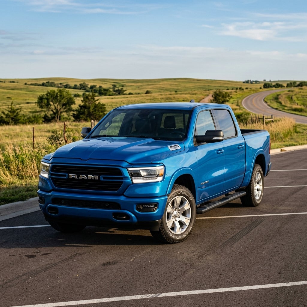 Blue Ram 1500 pickup truck parked on asphalt with rolling green hills and a winding road in the background. (Representative image for illustration purposes only. Actual vehicle may vary based on trim and configuration.)