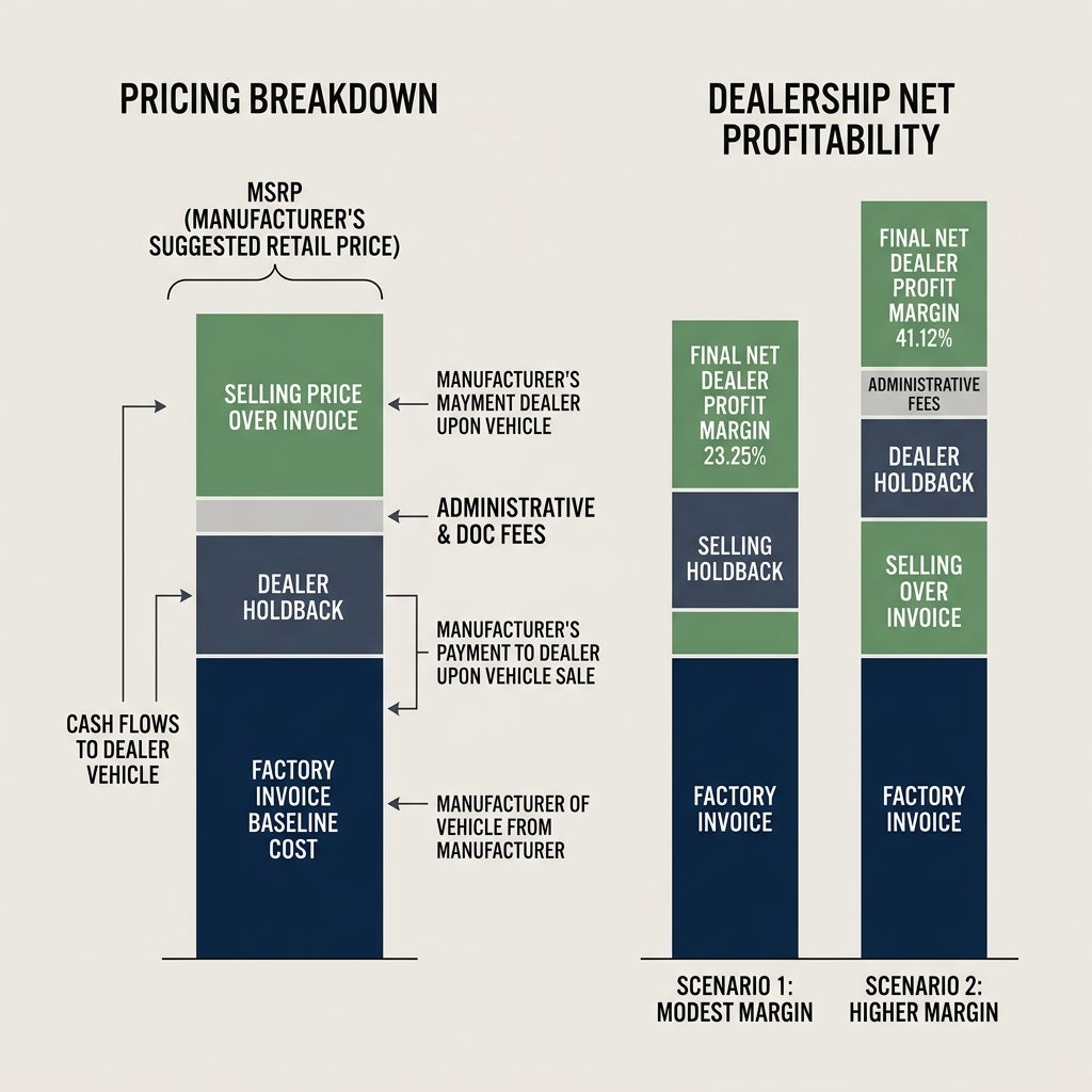 Diagram detailing MSRP pricing breakdown and dealership net profitability across modest and higher margin scenarios. (Representative image for illustration purposes only. Actual vehicle may vary based on trim and configuration.)