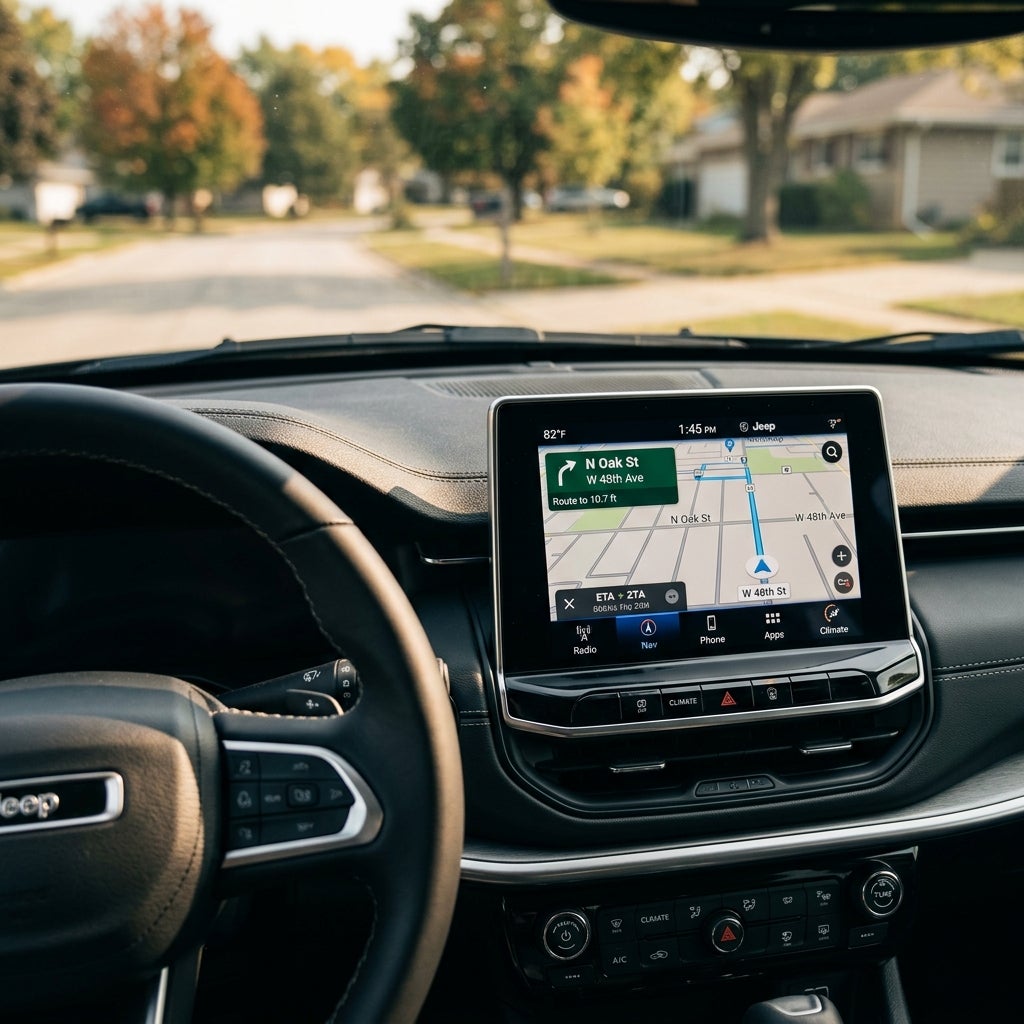 Driver's perspective inside a Jeep showing a central touchscreen navigation screen on a sunny suburban street. (Representative image for illustration purposes only. Actual vehicle may vary based on trim and configuration.)