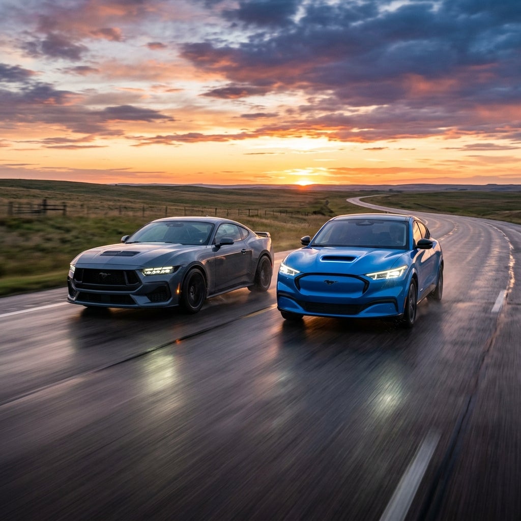 A grey Ford Mustang coupe and blue Mustang Mach-E driving side-by-side on a wet road at sunset. (Representative image for illustration purposes only. Actual vehicle may vary based on trim and configuration.)