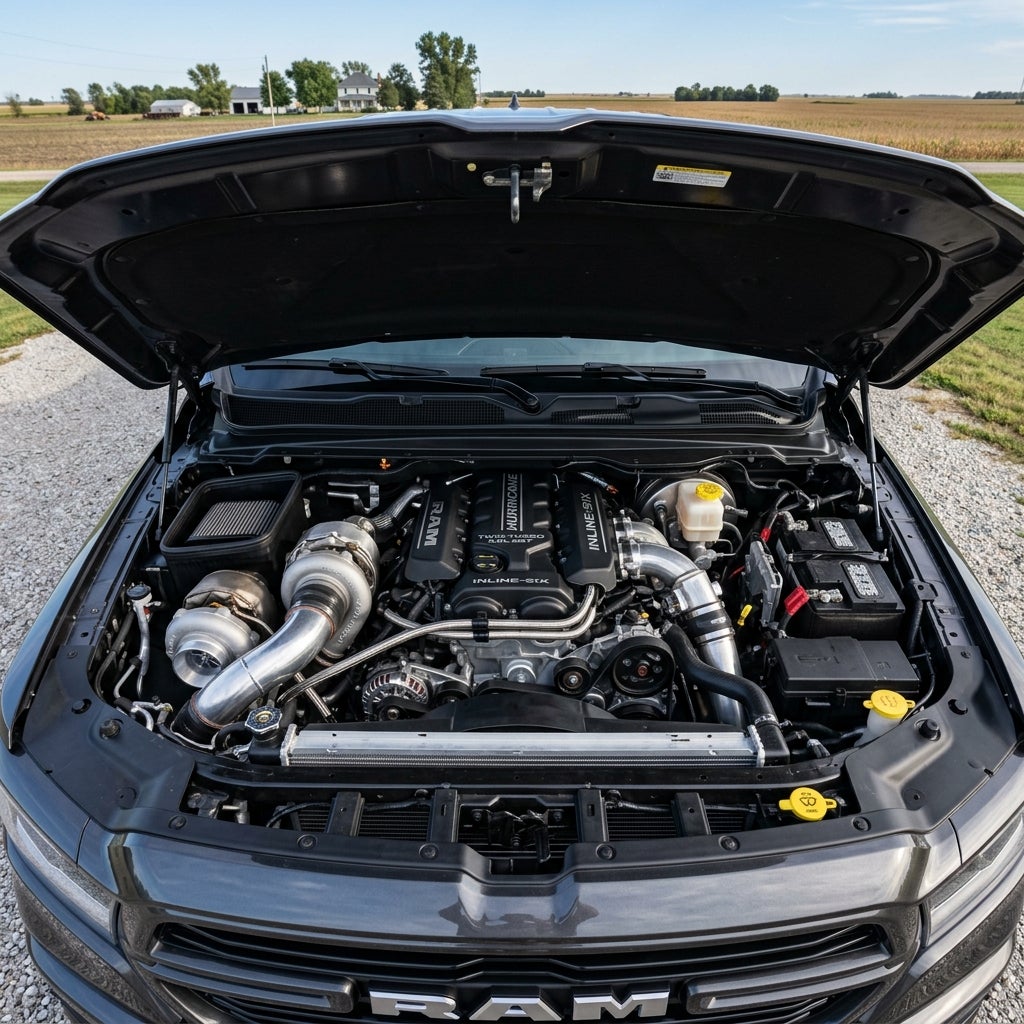 Open hood of a RAM truck revealing a modified Hurricane inline-six engine with custom twin turbos. (Representative image for illustration purposes only. Actual vehicle may vary based on trim and configuration.)
