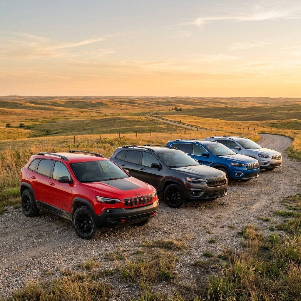 Four colorful Jeep Cherokee SUVs parked in a row on a dirt road in a rolling prairie landscape at sunset. (Representative image for illustration purposes only. Actual vehicle may vary based on trim and configuration.)