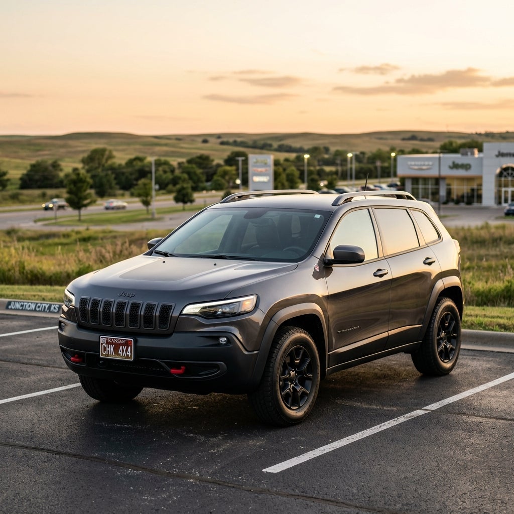 Dark gray Jeep Cherokee Trailhawk parked in an outdoor lot at sunset with rolling hills in the background. (Representative image for illustration purposes only. Actual vehicle may vary based on trim and configuration.)