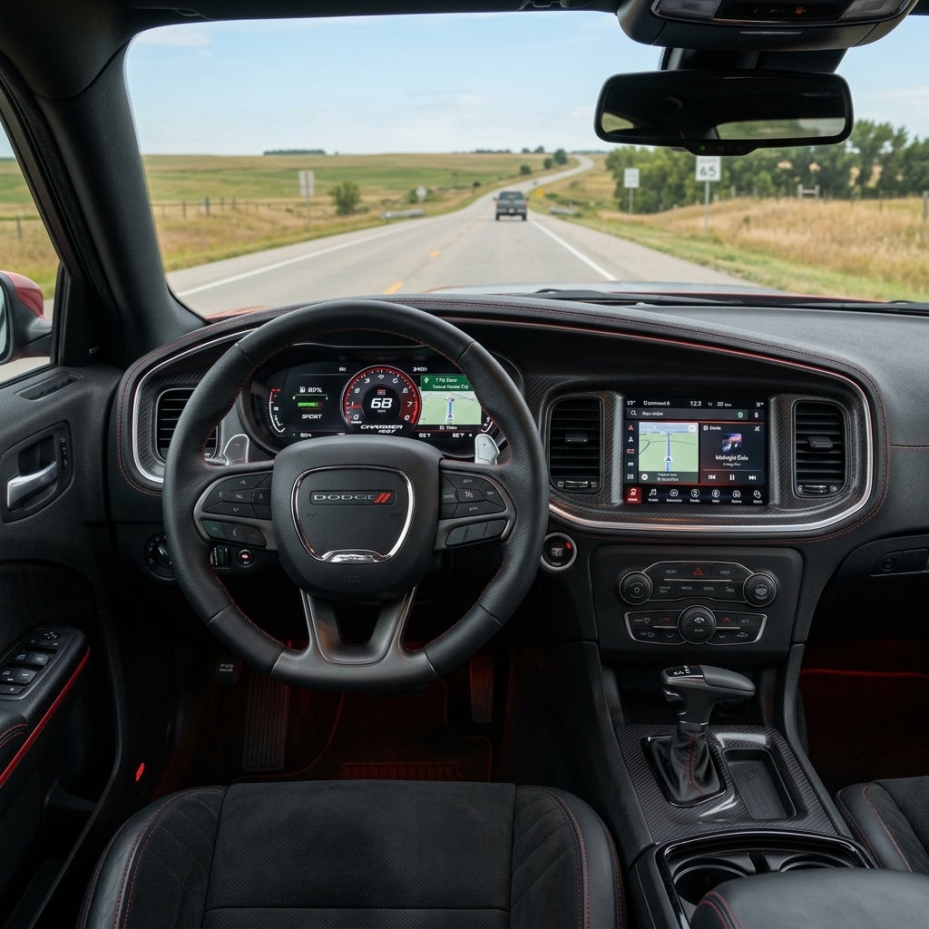 View from the driver's seat of a Dodge car interior cruising down a rural two-lane highway. (Representative image for illustration purposes only. Actual vehicle may vary based on trim and configuration.)