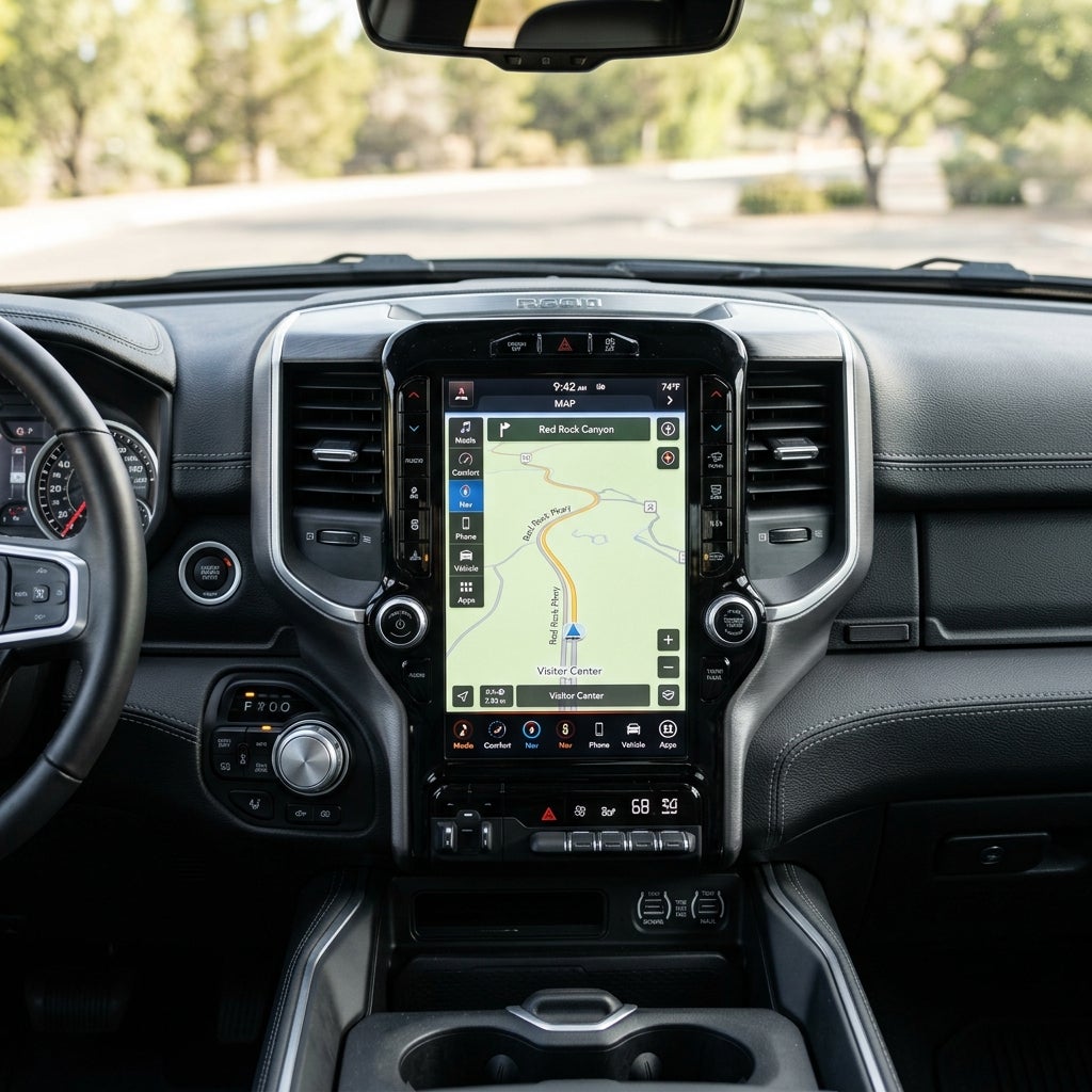 Modern truck dashboard featuring a large vertical touchscreen displaying a GPS map of Red Rock Canyon. (Representative image for illustration purposes only. Actual vehicle may vary based on trim and configuration.)