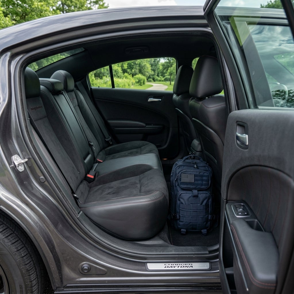 Open rear door of a dark gray Dodge Charger Daytona showing black suede seats and a tactical backpack on the floor. (Representative image for illustration purposes only. Actual vehicle may vary based on trim and configuration.)