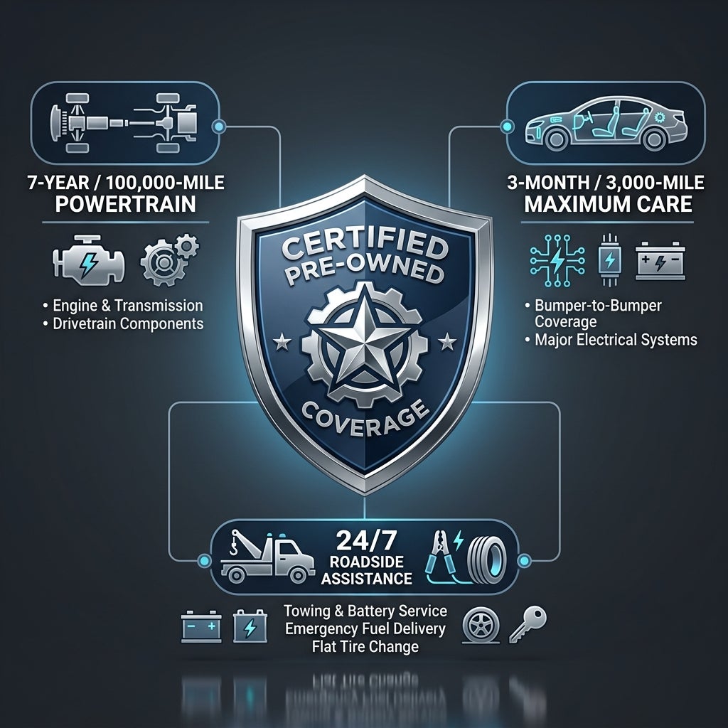 Certified Pre-Owned Coverage graphic detailing Powertrain, Maximum Care, and 24/7 Roadside Assistance benefits. (Representative image for illustration purposes only. Actual vehicle may vary based on trim and configuration.)