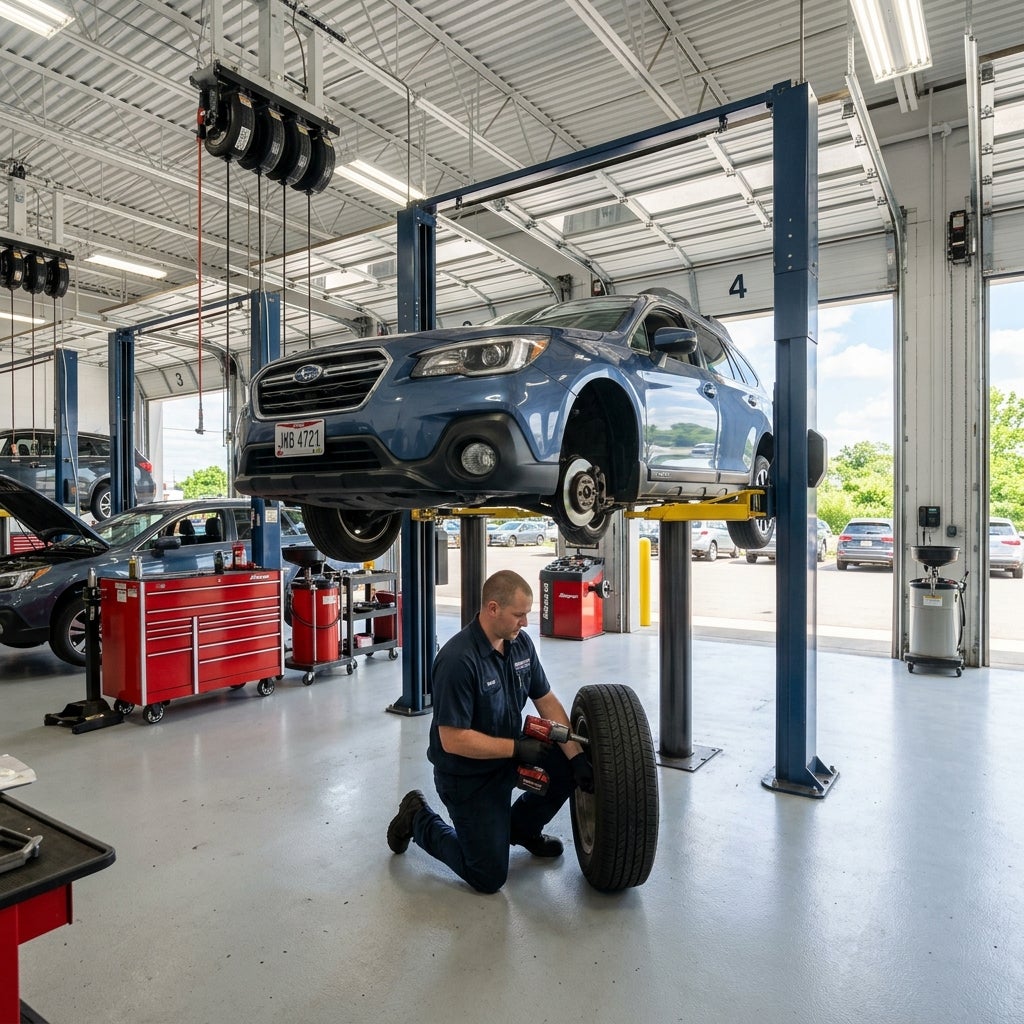 Auto mechanic kneeling beside a car tire holding an impact wrench under a lifted blue Subaru in a repair shop. (Representative image for illustration purposes only. Actual vehicle may vary based on trim and configuration.)