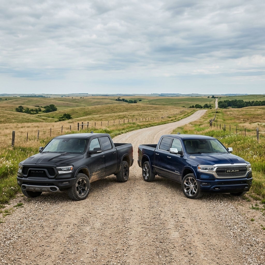 Black and blue Ram 1500 pickup trucks parked side by side on a dirt road in a countryside landscape. (Representative image for illustration purposes only. Actual vehicle may vary based on trim and configuration.)