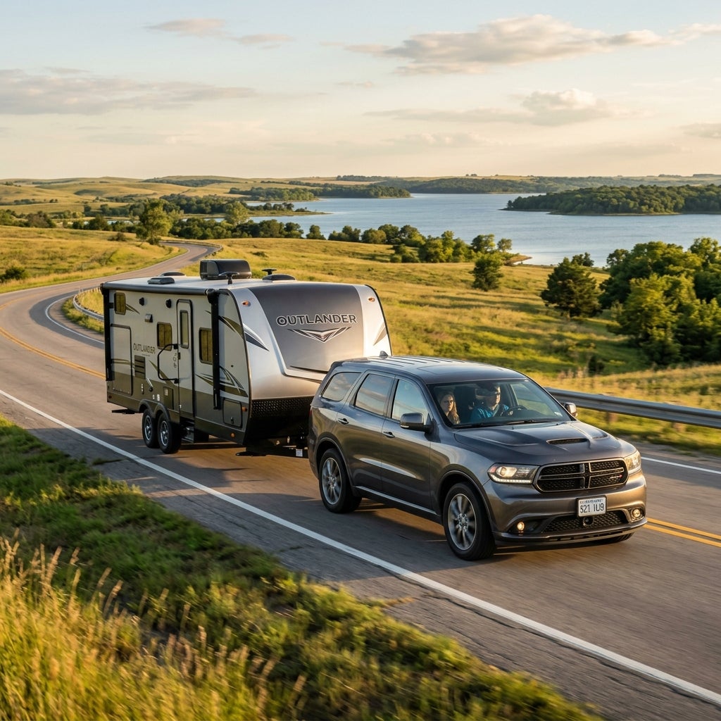 Dark gray SUV towing an Outlander travel trailer along a winding road next to a scenic lake. (Representative image for illustration purposes only. Actual vehicle may vary based on trim and configuration.)