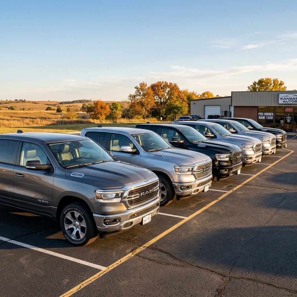 Row of pre-owned RAM 1500 pickup trucks parked in front of a car dealership at sunset. (Representative image for illustration purposes only. Actual vehicle may vary based on trim and configuration.)