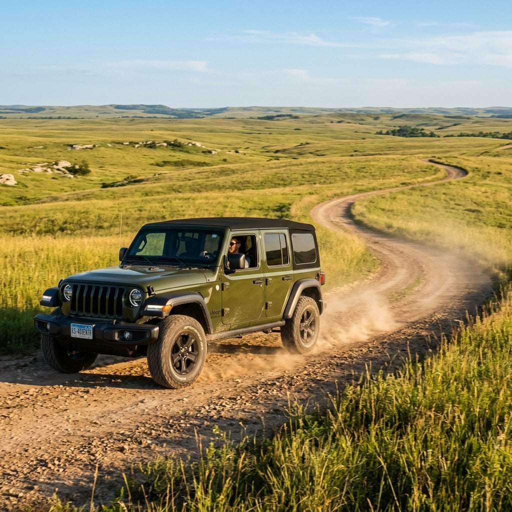 An olive green Jeep Wrangler driving along a winding dirt road through rolling green hills, kicking up dust. (Representative image for illustration purposes only. Actual vehicle may vary based on trim and configuration.)